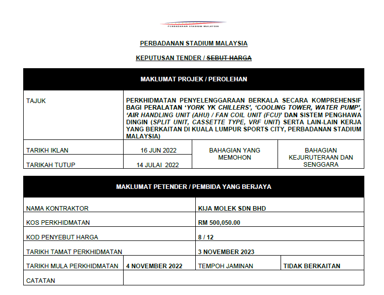 PERKHIDMATAN PENYELENGGARAAN BERKALA SECARA KOMPREHENSIF BAGI PERALATAN ‘YORK YK CHILLERS’, ‘COOLING TOWER, WATER PUMP’, ‘AIR HANDLING UNIT (AHU) / FAN COIL UNIT (FCU)’ DAN SISTEM PENGHAWA DINGIN (SPLIT UNIT, CASSETTE TYPE, VRF UNIT) SERTA LAIN-LAIN KERJA YANG BERKAITAN DI KUALA LUMPUR SPORTS CITY, PERBADANAN STADIUM MALAYSIA)